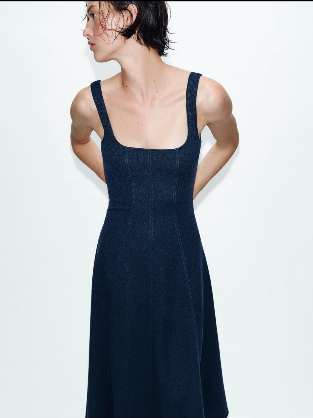 Zara Dark Navy Square-Neck Midi Dress